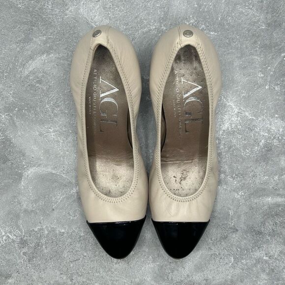 Agl Attilio Giusti Leombruni Leather Beige Black Pumps Size 38 Block Heels - Picture 6 of 15